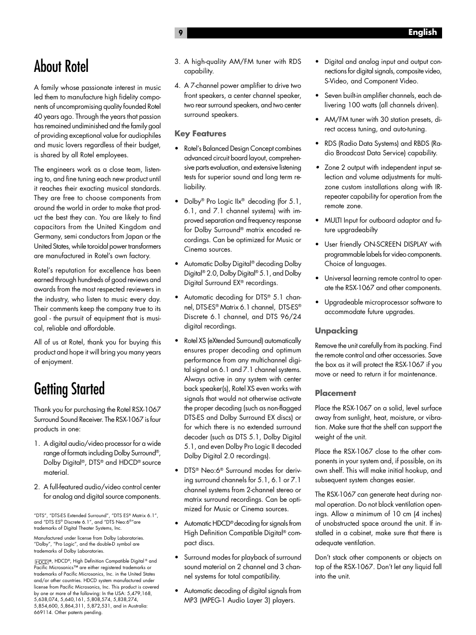 About rotel, Getting started, Key features | Unpacking, Placement, English | ROTEL 7.1 Surround Sound Receiver RSX-1067 User Manual | Page 9 / 41