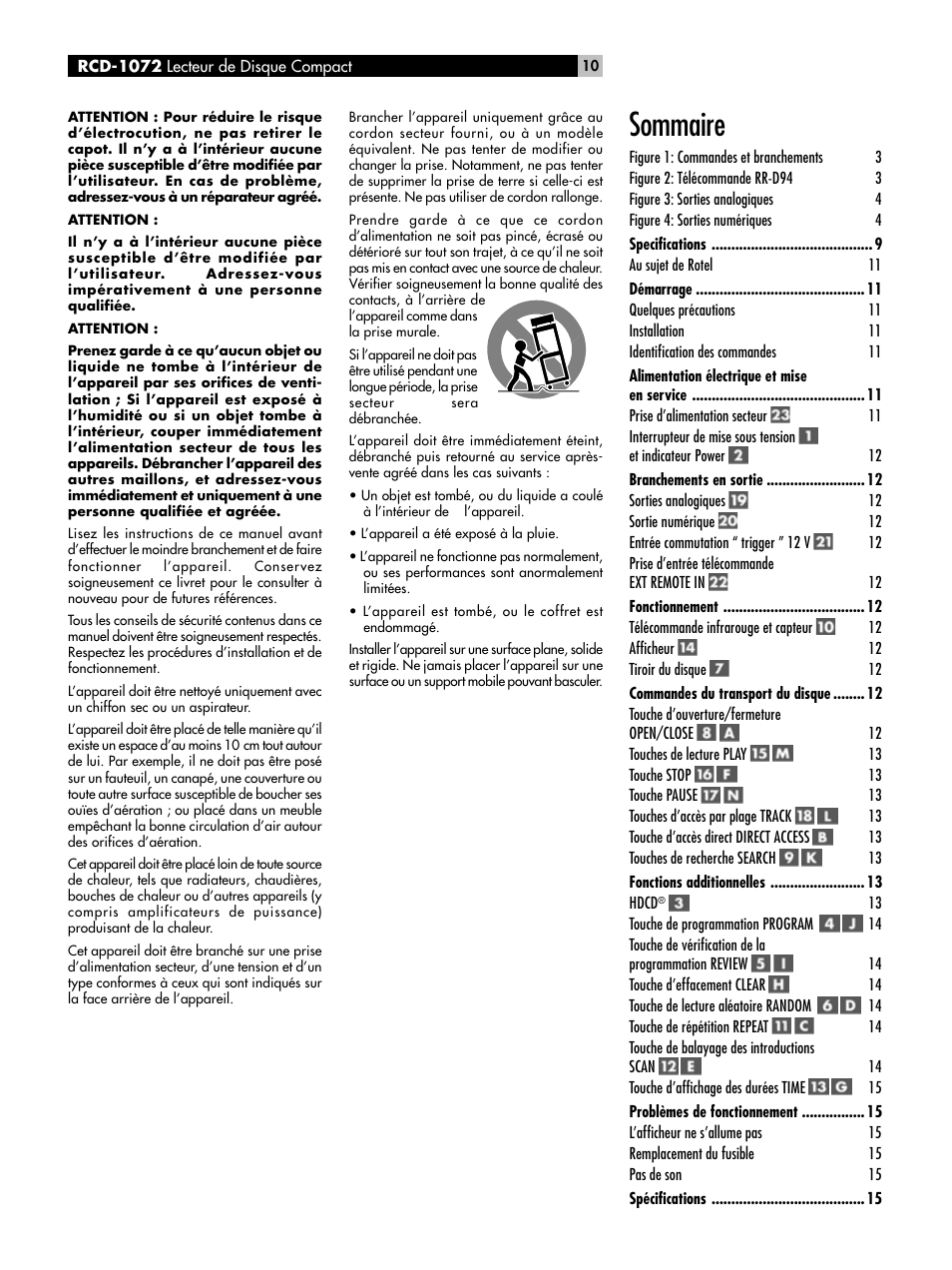 Sommaire | ROTEL HDCD Single Play Compact Disc Player RCD-1072 User Manual | Page 10 / 46