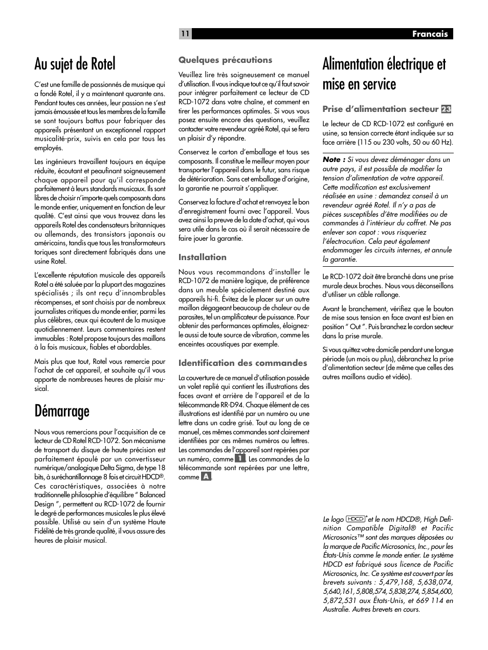 Au sujet de rotel, Démarrage, Alimentation électrique et mise en service | ROTEL HDCD Single Play Compact Disc Player RCD-1072 User Manual | Page 11 / 46