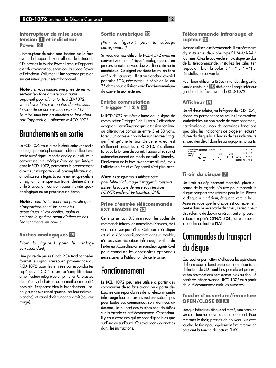 Branchements en sortie, Fonctionnement, Commandes du transport du disque | ROTEL HDCD Single Play Compact Disc Player RCD-1072 User Manual | Page 12 / 46