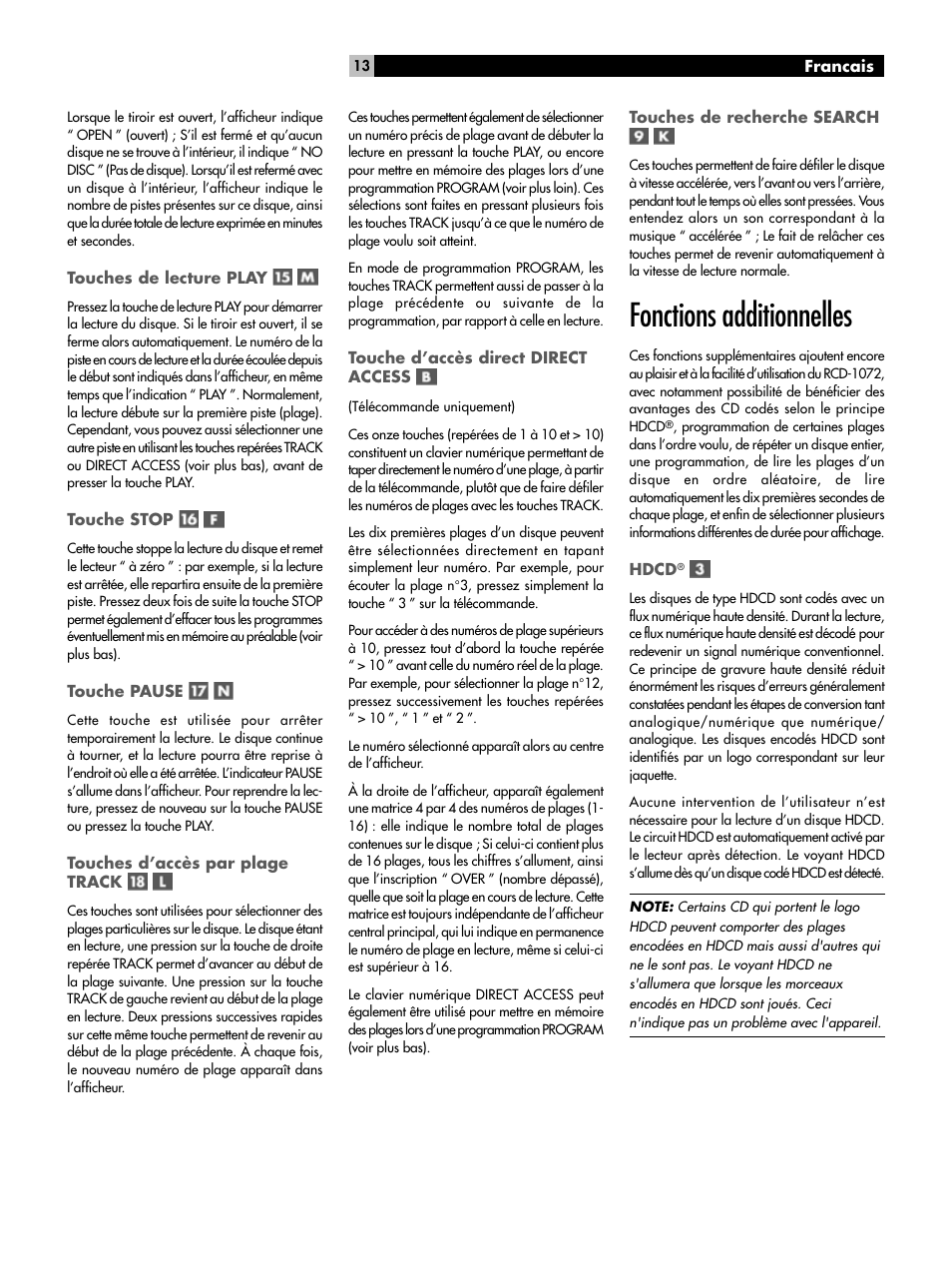 Fonctions additionnelles | ROTEL HDCD Single Play Compact Disc Player RCD-1072 User Manual | Page 13 / 46