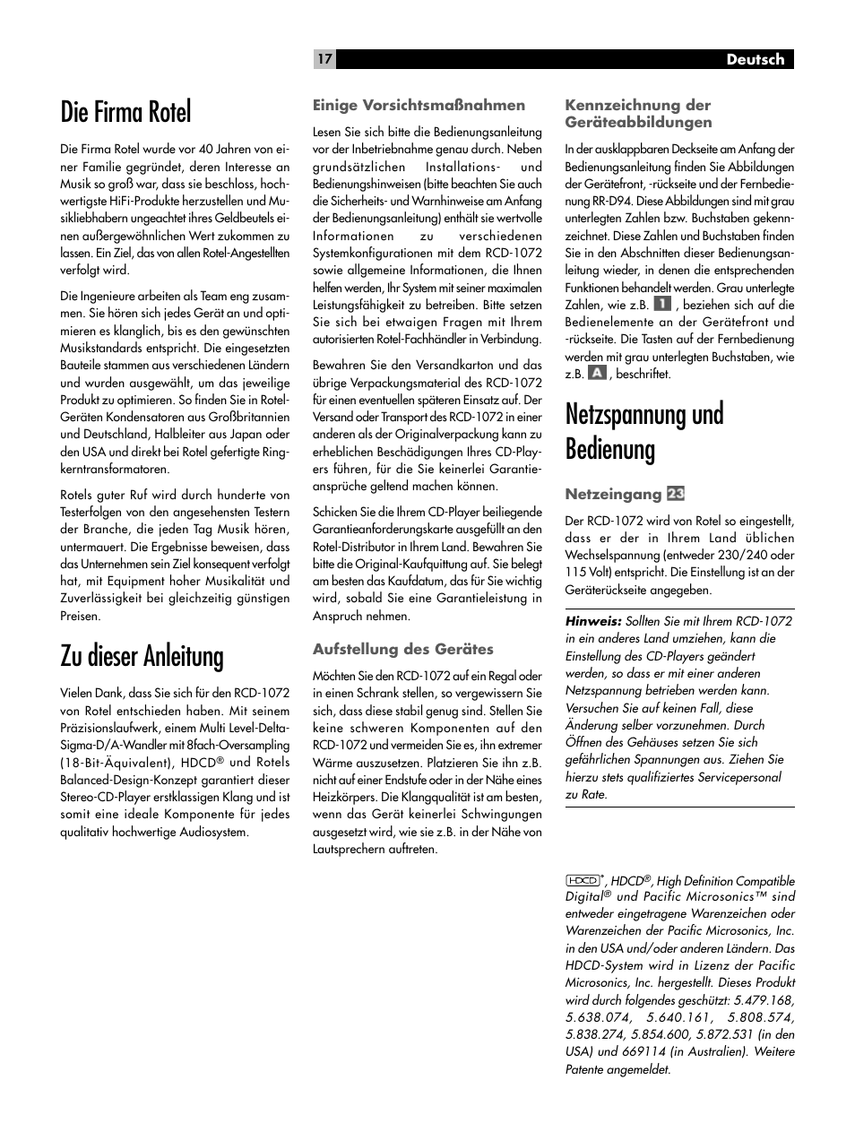 Die firma rotel, Zu dieser anleitung, Netzspannung und bedienung | ROTEL HDCD Single Play Compact Disc Player RCD-1072 User Manual | Page 17 / 46