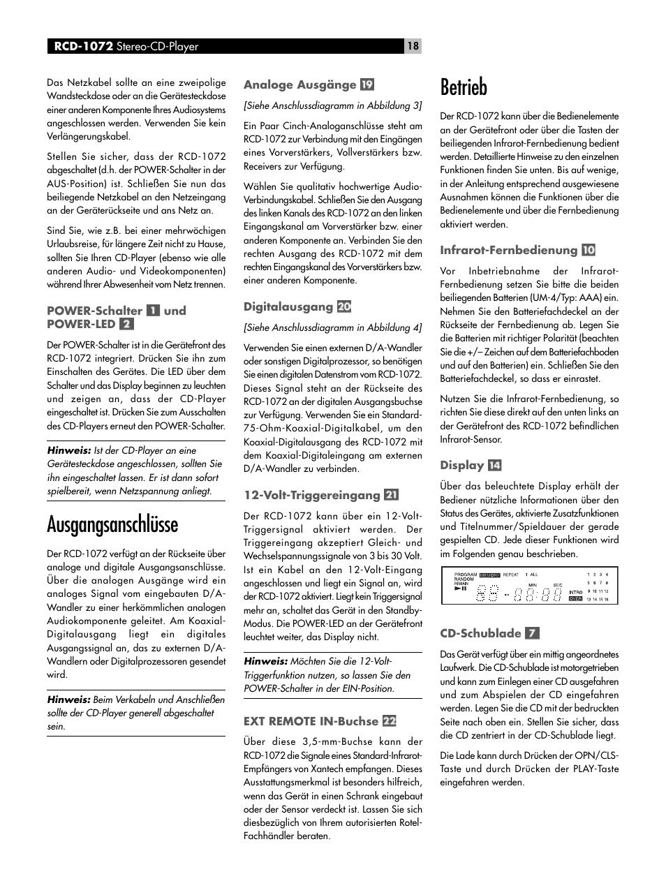 Ausgangsanschlüsse, Betrieb | ROTEL HDCD Single Play Compact Disc Player RCD-1072 User Manual | Page 18 / 46