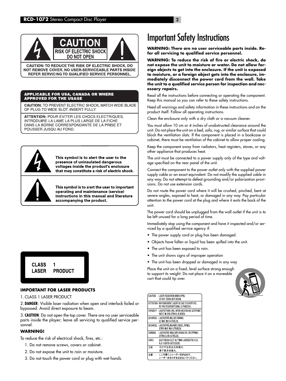 Important safety instructions | ROTEL HDCD Single Play Compact Disc Player RCD-1072 User Manual | Page 2 / 46