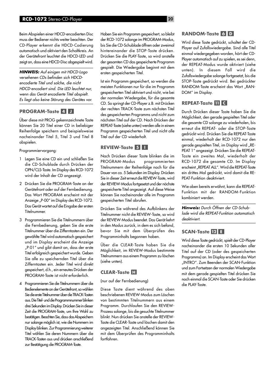 ROTEL HDCD Single Play Compact Disc Player RCD-1072 User Manual | Page 20 / 46