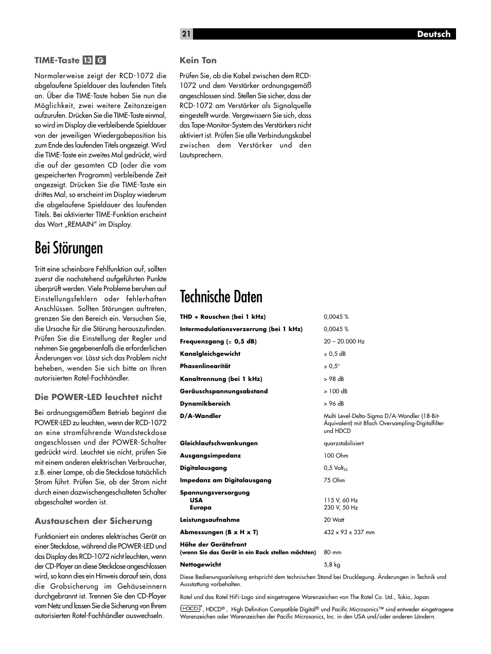 Bei störungen, Technische daten, Deutsch time-taste | Die power-led leuchtet nicht, Austauschen der sicherung, Kein ton | ROTEL HDCD Single Play Compact Disc Player RCD-1072 User Manual | Page 21 / 46