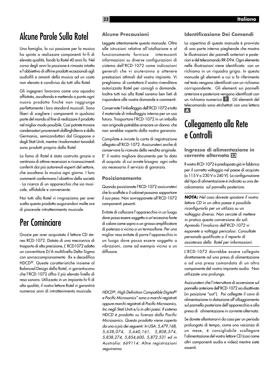 Alcune parole sulla rotel, Per cominciare, Collegamento alla rete e controlli | ROTEL HDCD Single Play Compact Disc Player RCD-1072 User Manual | Page 23 / 46