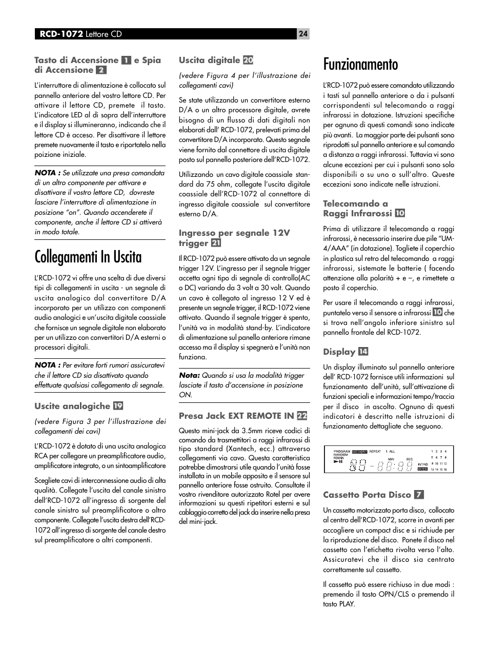 Collegamenti in uscita, Funzionamento | ROTEL HDCD Single Play Compact Disc Player RCD-1072 User Manual | Page 24 / 46