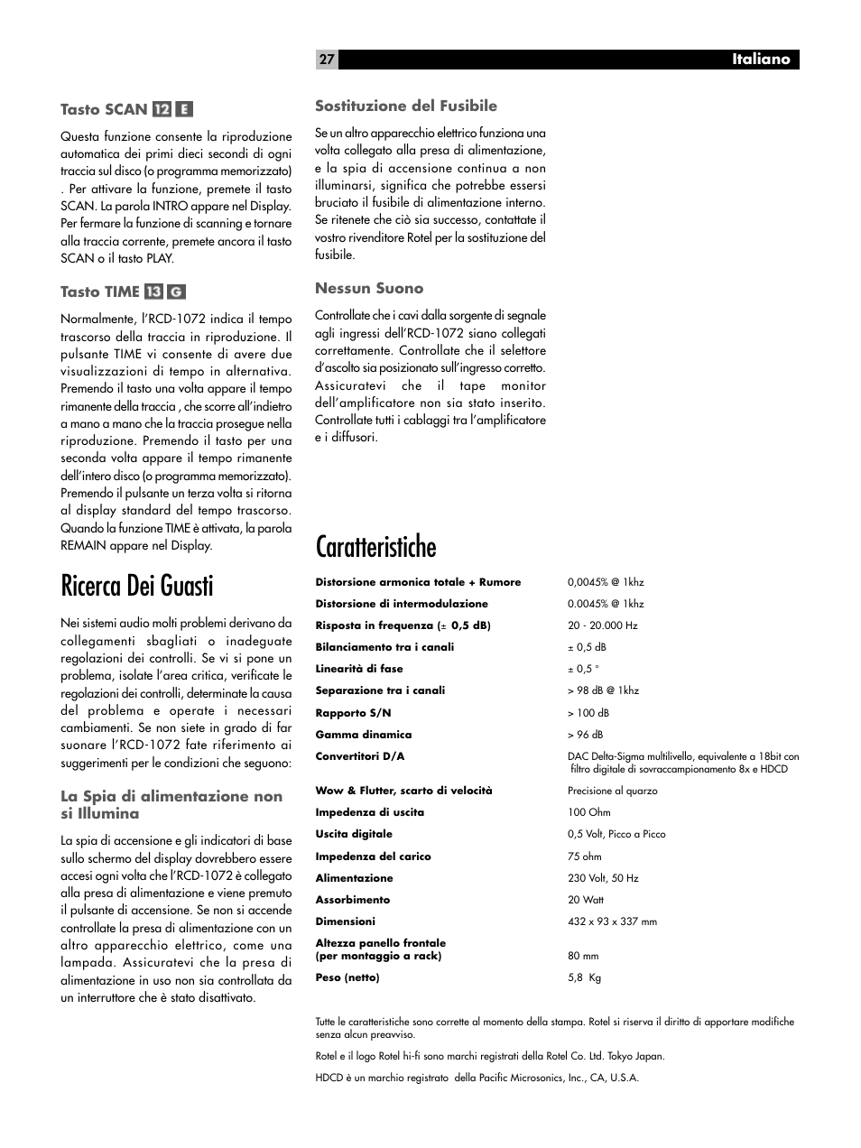 Ricerca dei guasti, Caratteristiche | ROTEL HDCD Single Play Compact Disc Player RCD-1072 User Manual | Page 27 / 46