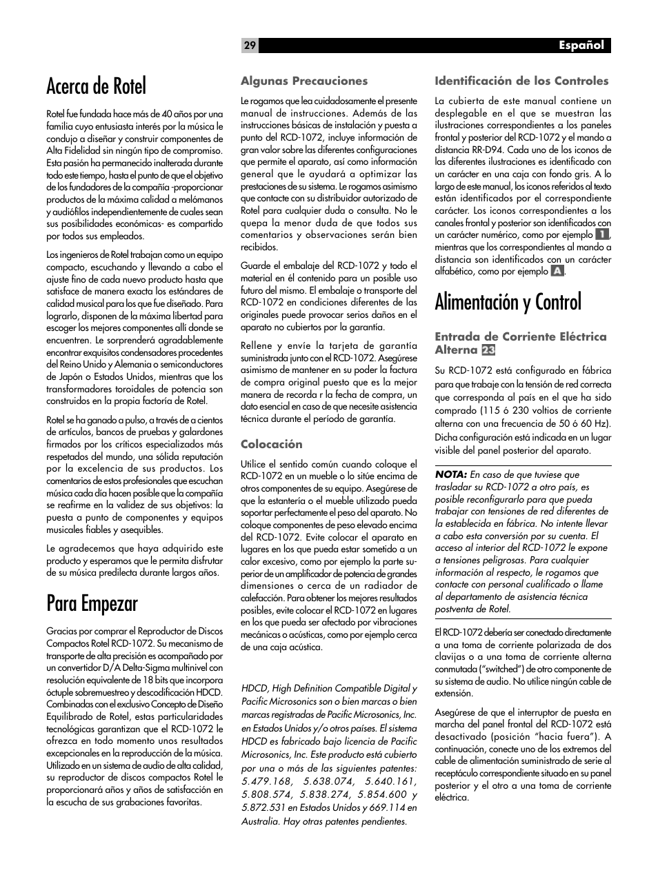 Acerca de rotel, Para empezar, Alimentación y control | ROTEL HDCD Single Play Compact Disc Player RCD-1072 User Manual | Page 29 / 46