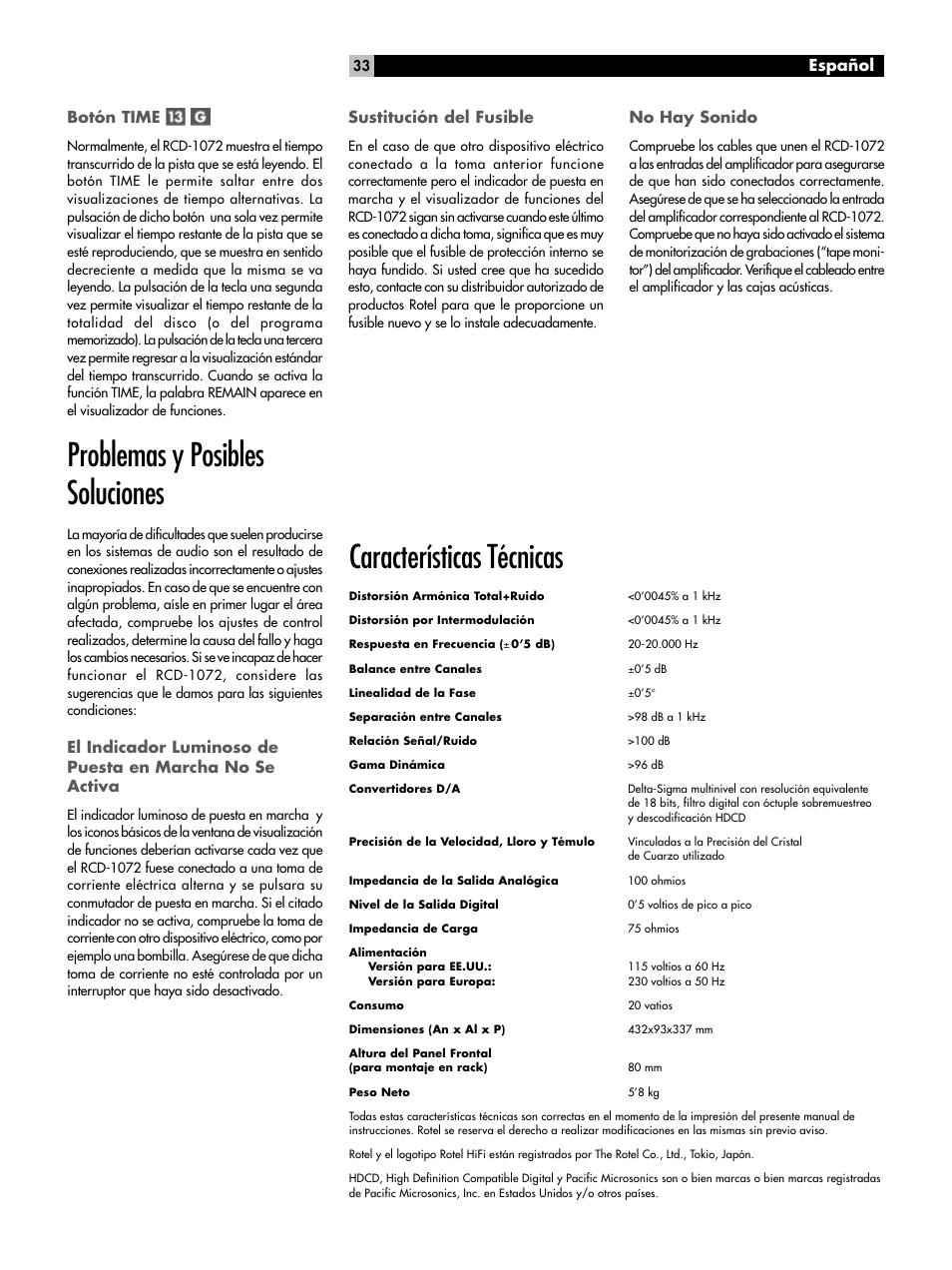 Problemas y posibles soluciones, Características técnicas, Español botón time | Sustitución del fusible, No hay sonido | ROTEL HDCD Single Play Compact Disc Player RCD-1072 User Manual | Page 33 / 46