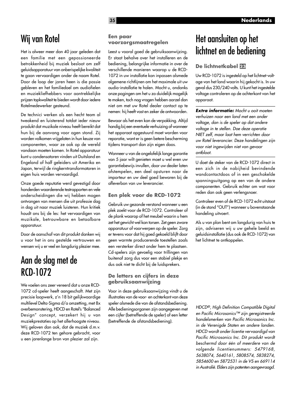 Wij van rotel, Aan de slag met de rcd-1072, Het aansluiten op het lichtnet en de bediening | ROTEL HDCD Single Play Compact Disc Player RCD-1072 User Manual | Page 35 / 46