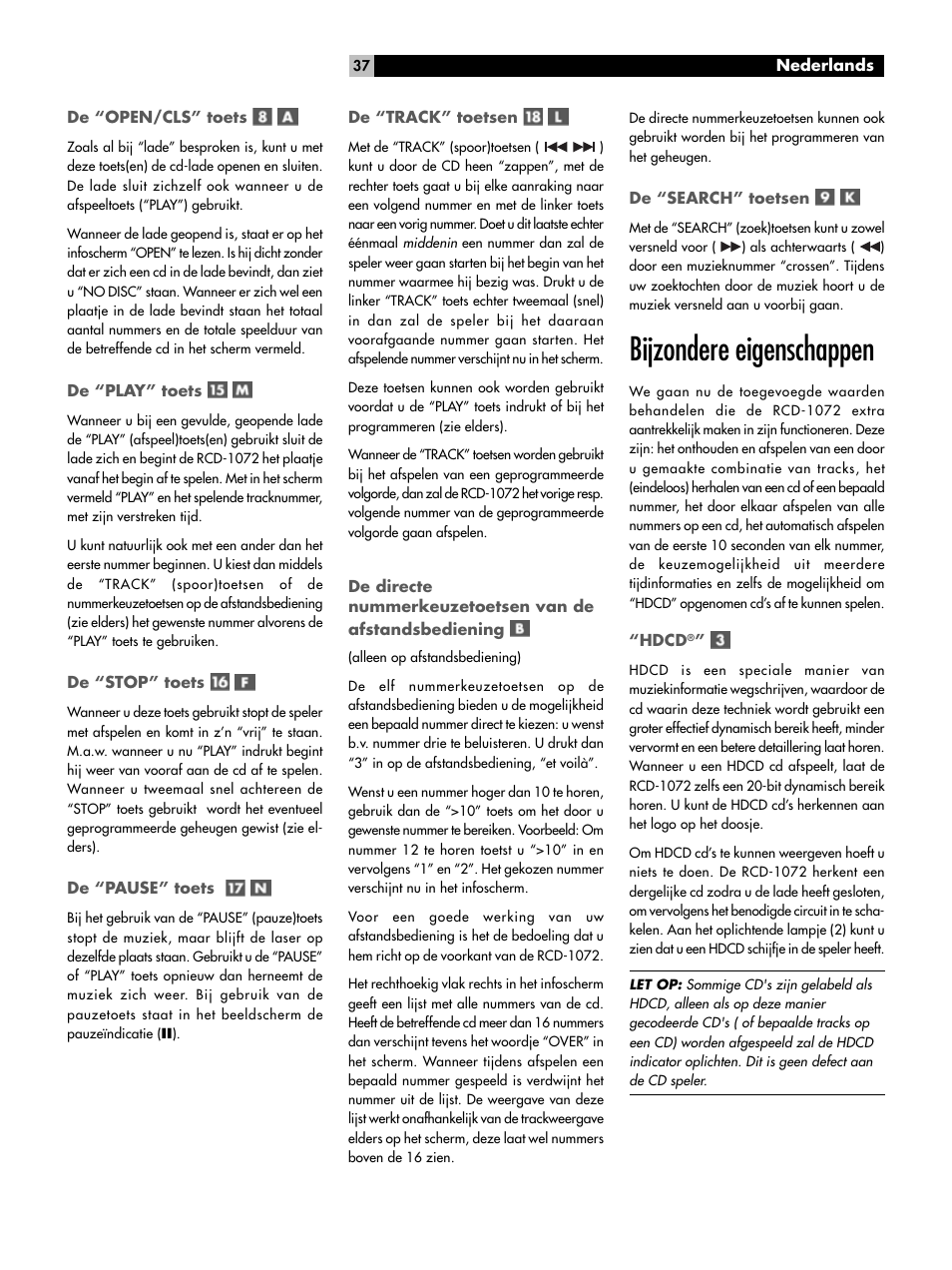 Bijzondere eigenschappen | ROTEL HDCD Single Play Compact Disc Player RCD-1072 User Manual | Page 37 / 46