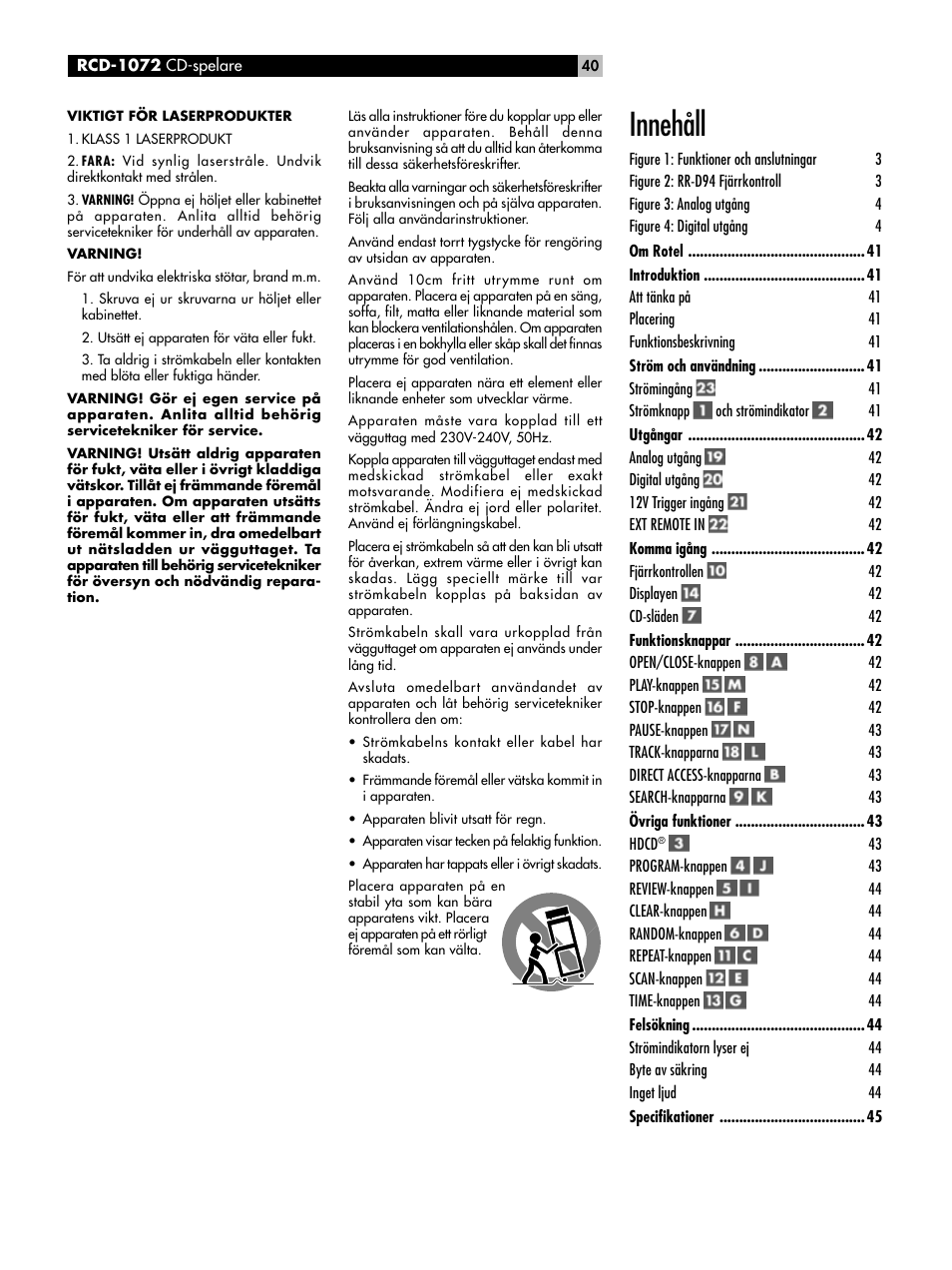 Innehåll | ROTEL HDCD Single Play Compact Disc Player RCD-1072 User Manual | Page 40 / 46