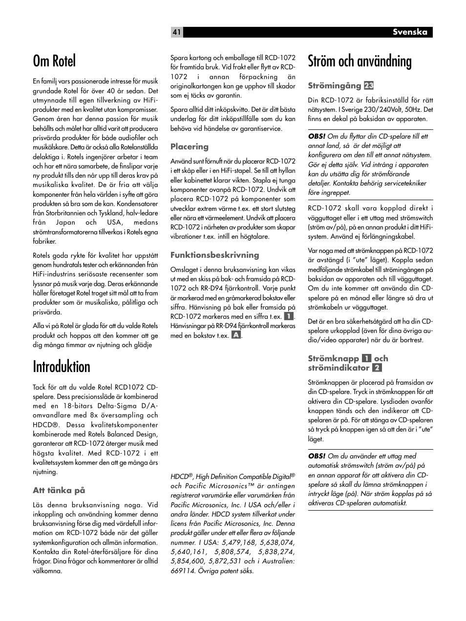 Om rotel, Introduktion, Ström och användning | ROTEL HDCD Single Play Compact Disc Player RCD-1072 User Manual | Page 41 / 46