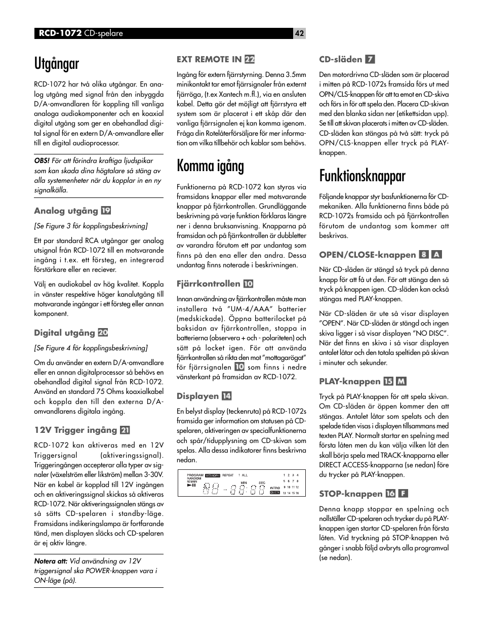 Utgångar, Komma igång, Funktionsknappar | ROTEL HDCD Single Play Compact Disc Player RCD-1072 User Manual | Page 42 / 46