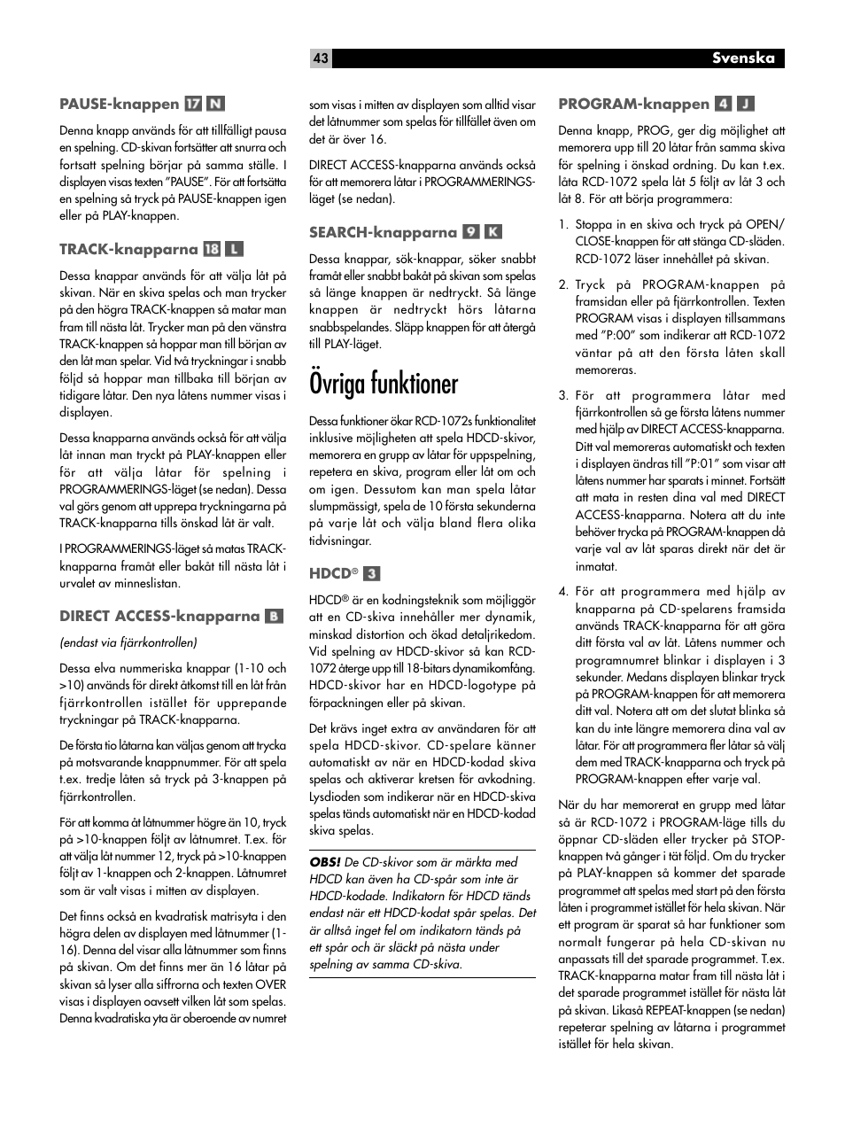 Övriga funktioner | ROTEL HDCD Single Play Compact Disc Player RCD-1072 User Manual | Page 43 / 46