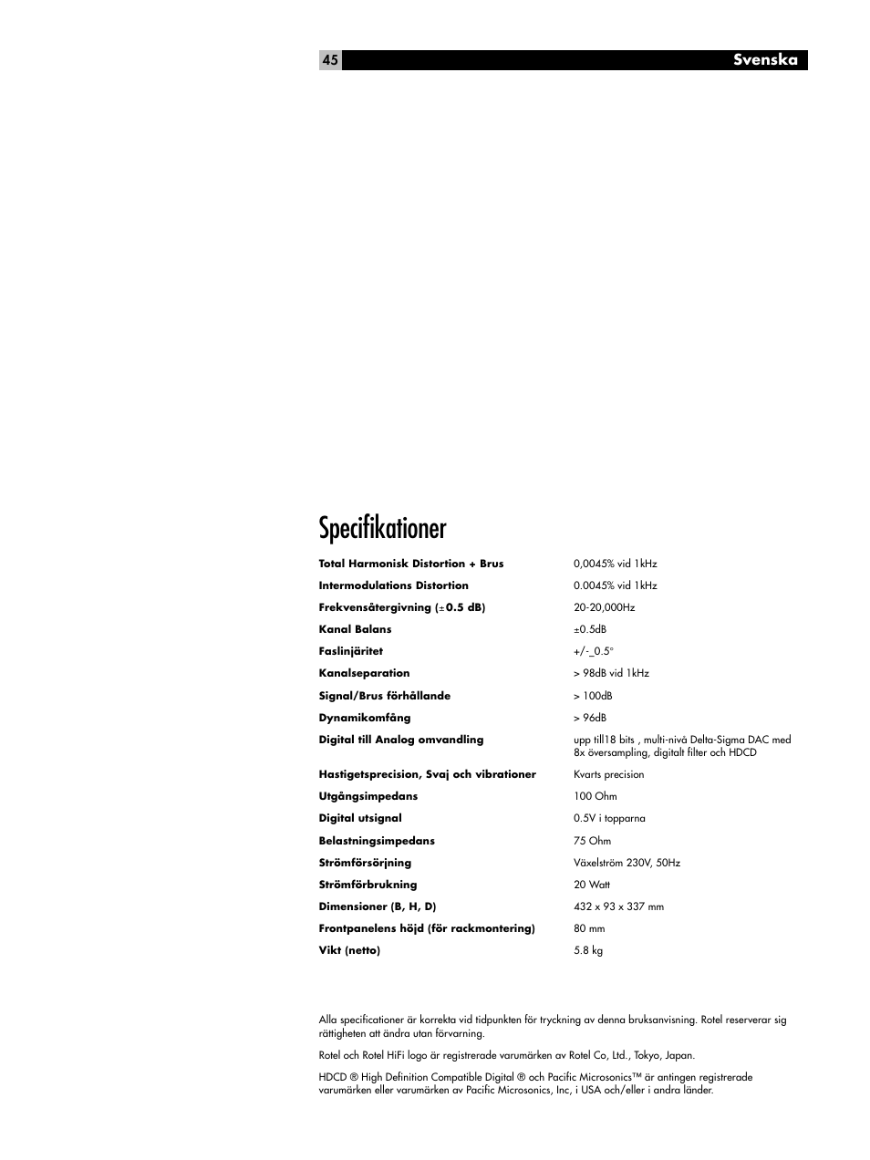 Specifikationer, Svenska | ROTEL HDCD Single Play Compact Disc Player RCD-1072 User Manual | Page 45 / 46