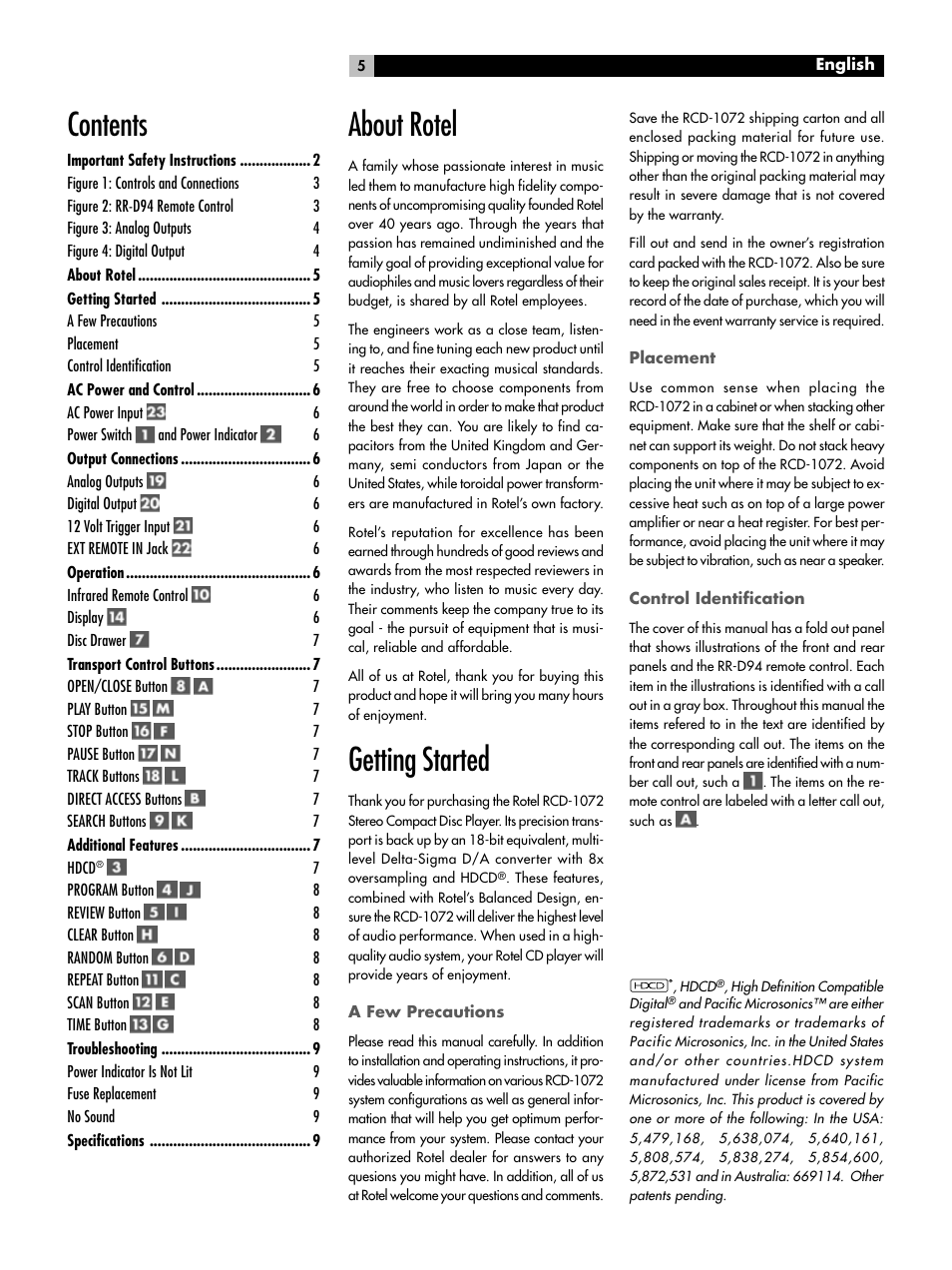 ROTEL HDCD Single Play Compact Disc Player RCD-1072 User Manual | Page 5 / 46