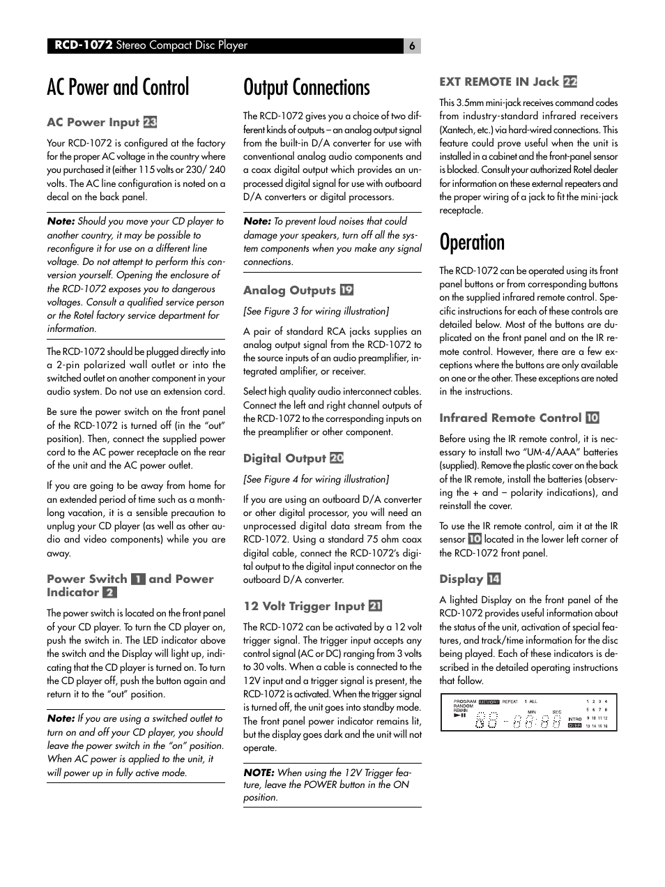 Ac power and control, Output connections, Operation | ROTEL HDCD Single Play Compact Disc Player RCD-1072 User Manual | Page 6 / 46