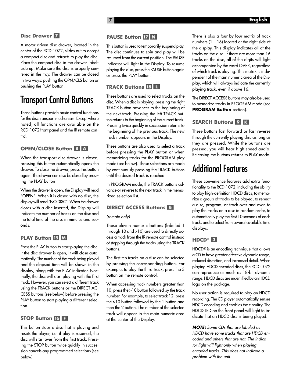 Transport control buttons, Additional features | ROTEL HDCD Single Play Compact Disc Player RCD-1072 User Manual | Page 7 / 46