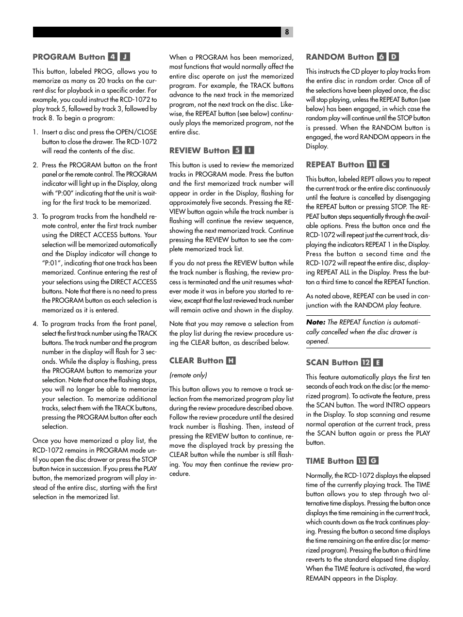 ROTEL HDCD Single Play Compact Disc Player RCD-1072 User Manual | Page 8 / 46