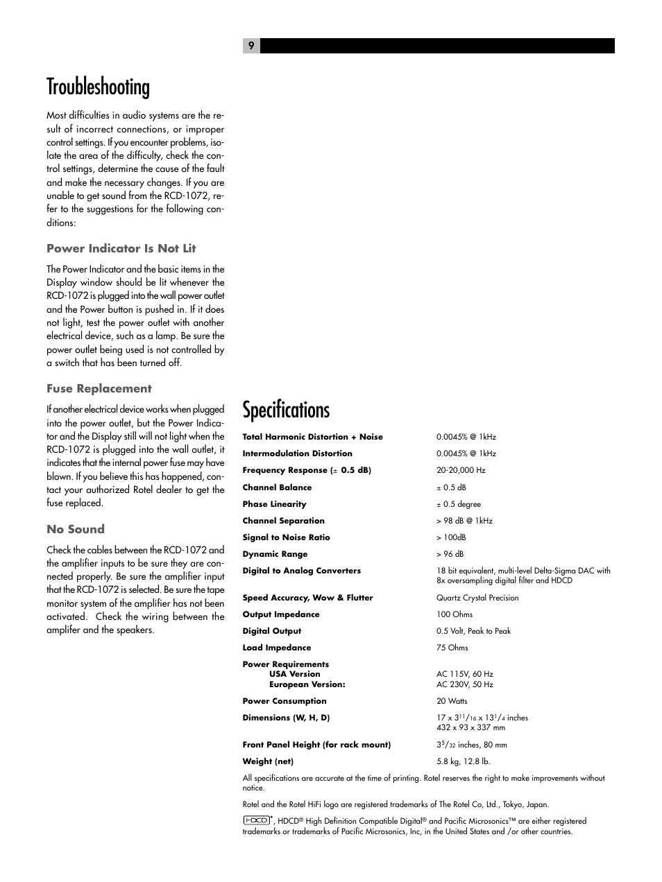 Troubleshooting, Specifications, Power indicator is not lit | Fuse replacement, No sound | ROTEL HDCD Single Play Compact Disc Player RCD-1072 User Manual | Page 9 / 46