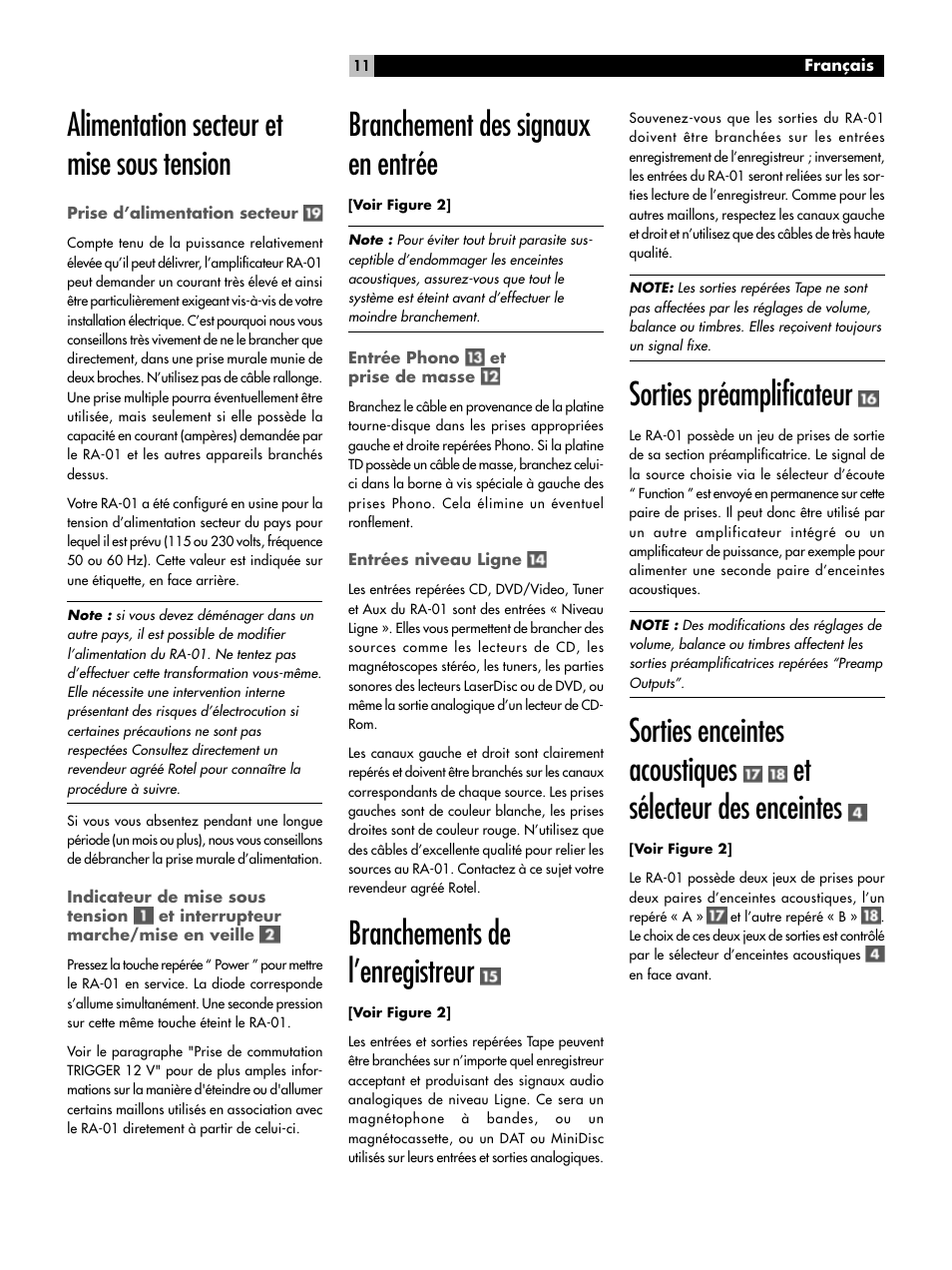 Alimentation secteur et mise sous tension, Branchement des signaux en entrée, Branchements de l’enregistreur | Sorties préamplificateur | ROTEL RA-01 User Manual | Page 11 / 42