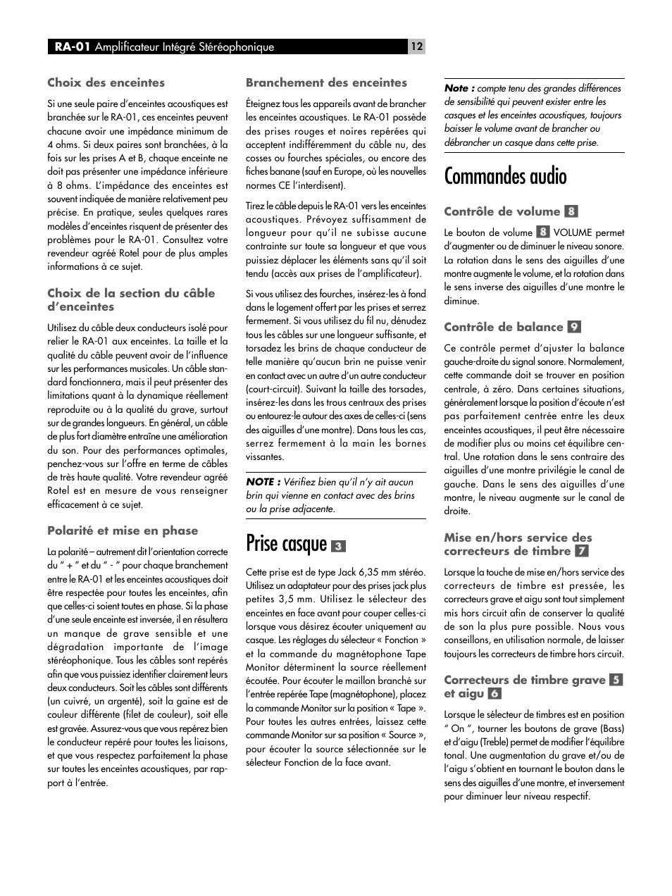 Prise casque, Commandes audio | ROTEL RA-01 User Manual | Page 12 / 42