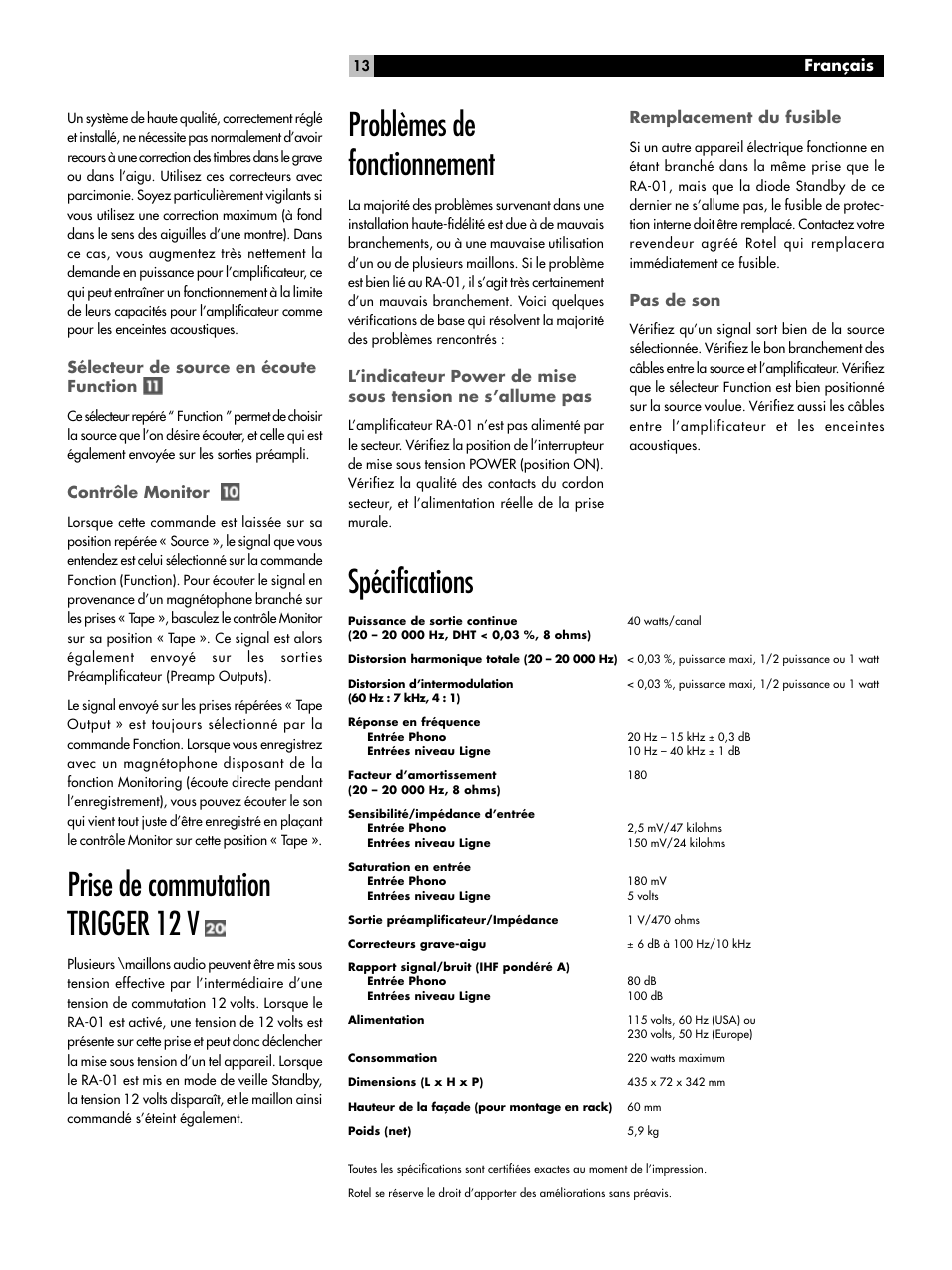 Prise de commutation trigger 12 v, Problèmes de fonctionnement, Spécifications | ROTEL RA-01 User Manual | Page 13 / 42