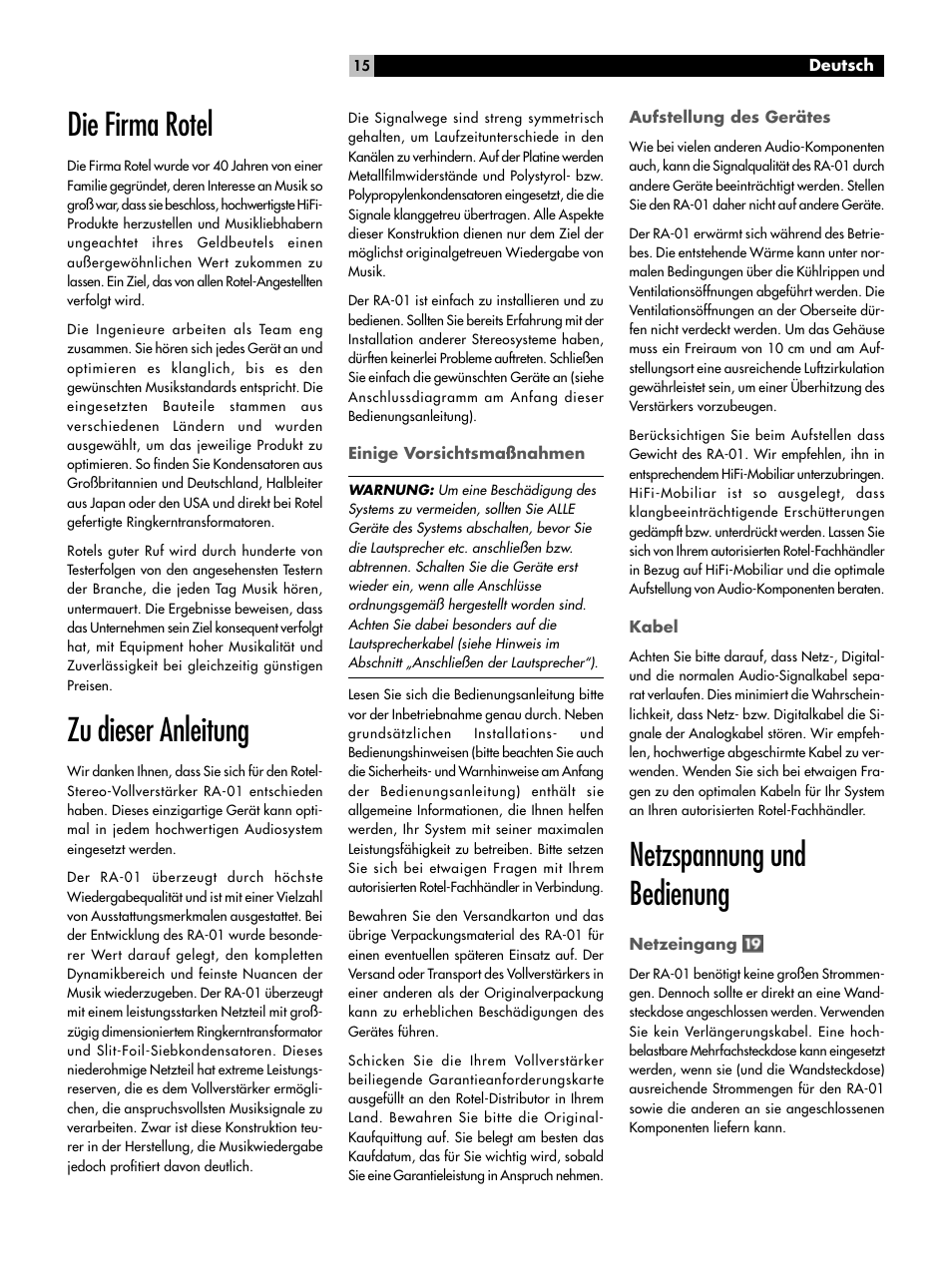 Die firma rotel, Zu dieser anleitung, Netzspannung und bedienung | ROTEL RA-01 User Manual | Page 15 / 42