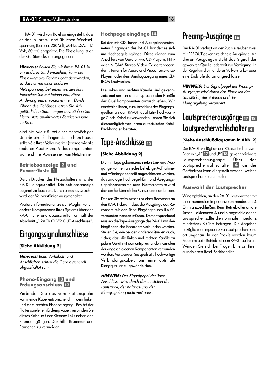 Eingangssignalanschlüsse, Tape-anschlüsse, Preamp-ausgänge | Lautsprecherausgänge lautsprecherwahlschalter | ROTEL RA-01 User Manual | Page 16 / 42