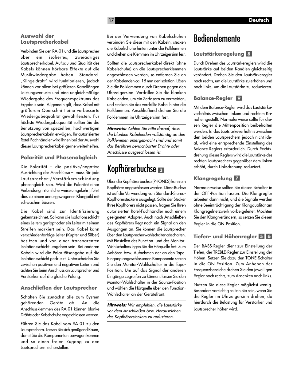 Kopfhörerbuchse, Bedienelemente | ROTEL RA-01 User Manual | Page 17 / 42