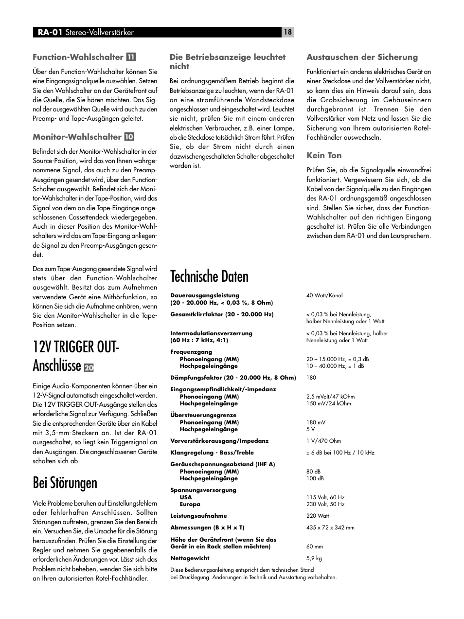 12v trigger out- anschlüsse, Bei störungen, Technische daten | ROTEL RA-01 User Manual | Page 18 / 42