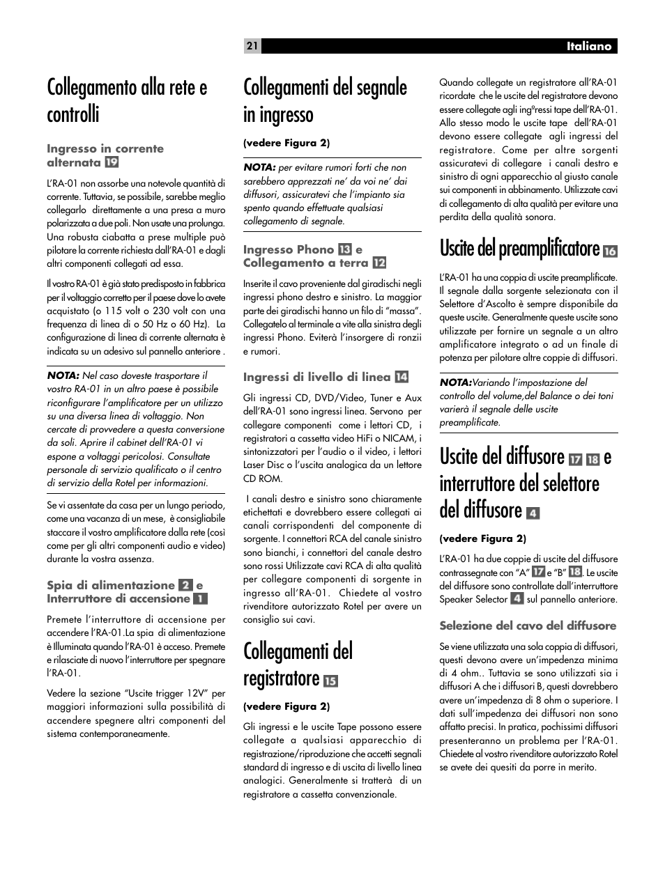 Collegamento alla rete e controlli, Collegamenti del segnale in ingresso, Collegamenti del registratore | Uscite del preamplificatore | ROTEL RA-01 User Manual | Page 21 / 42