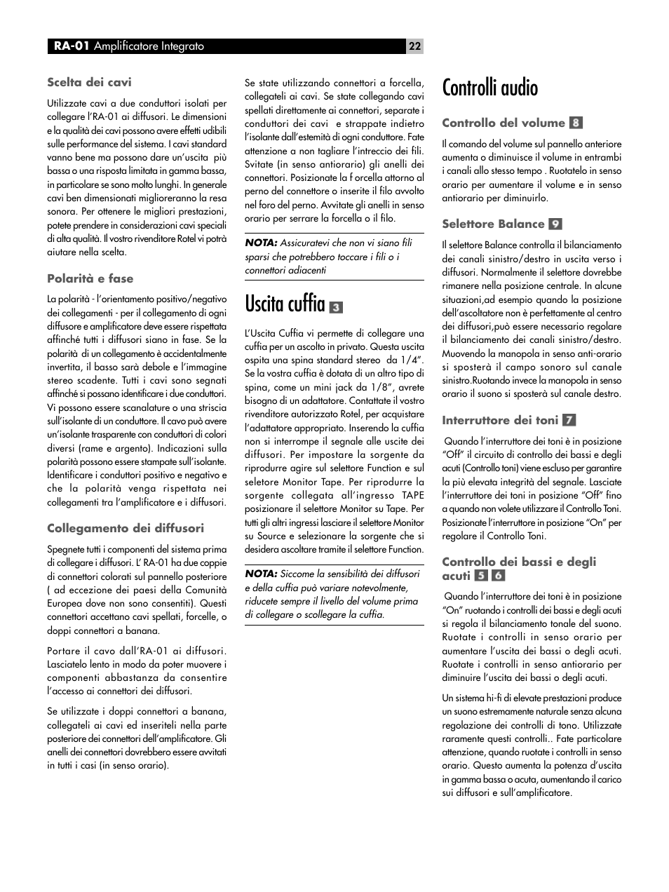 Uscita cuffia, Controlli audio | ROTEL RA-01 User Manual | Page 22 / 42