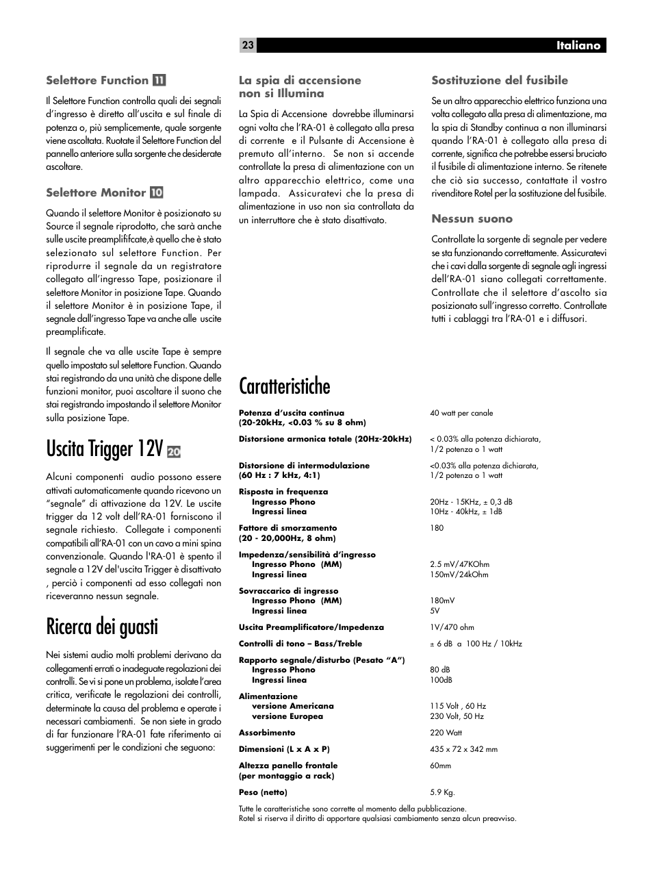 Uscita trigger 12v, Ricerca dei guasti, Caratteristiche | ROTEL RA-01 User Manual | Page 23 / 42