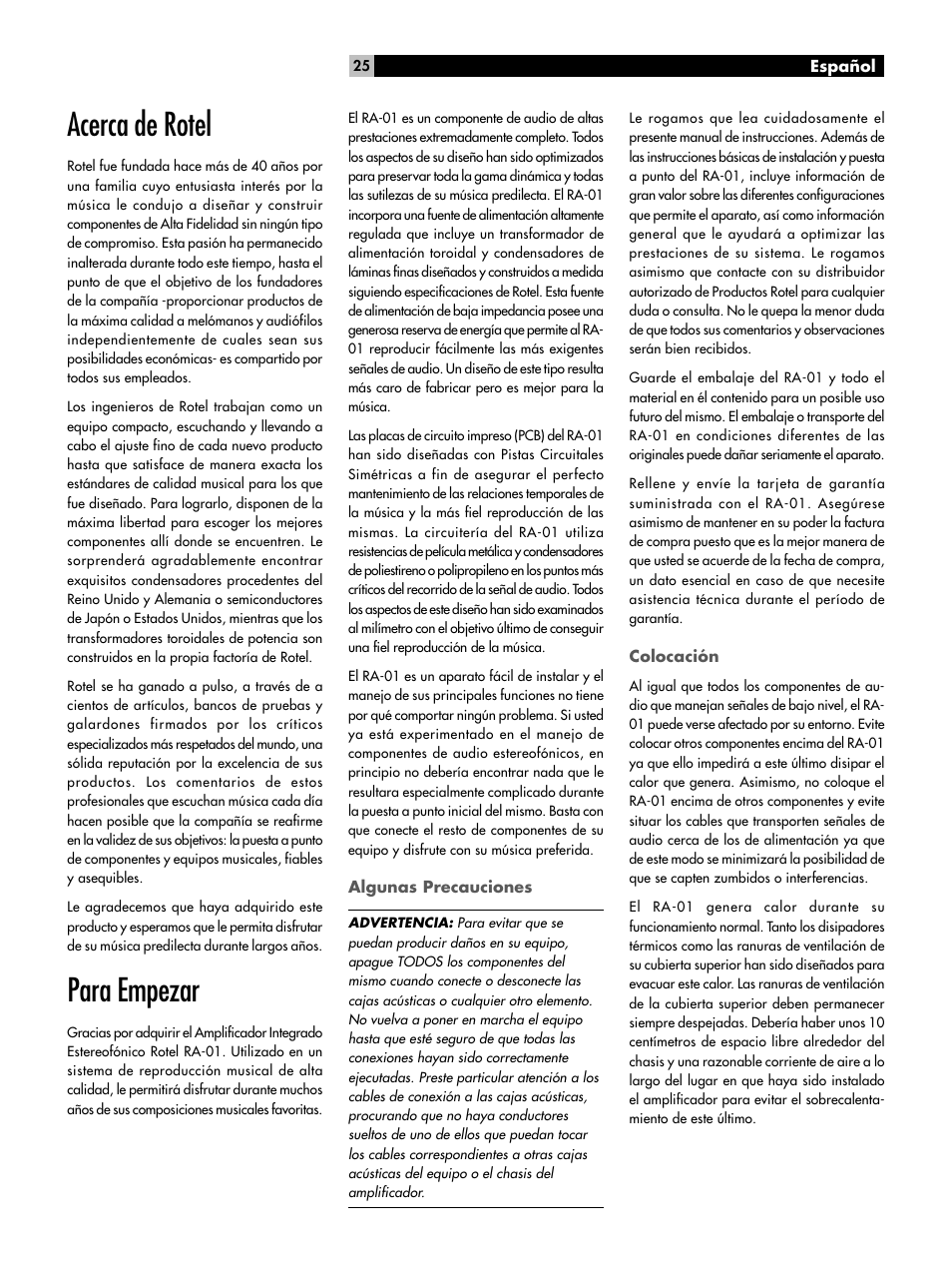 Acerca de rotel, Para empezar | ROTEL RA-01 User Manual | Page 25 / 42