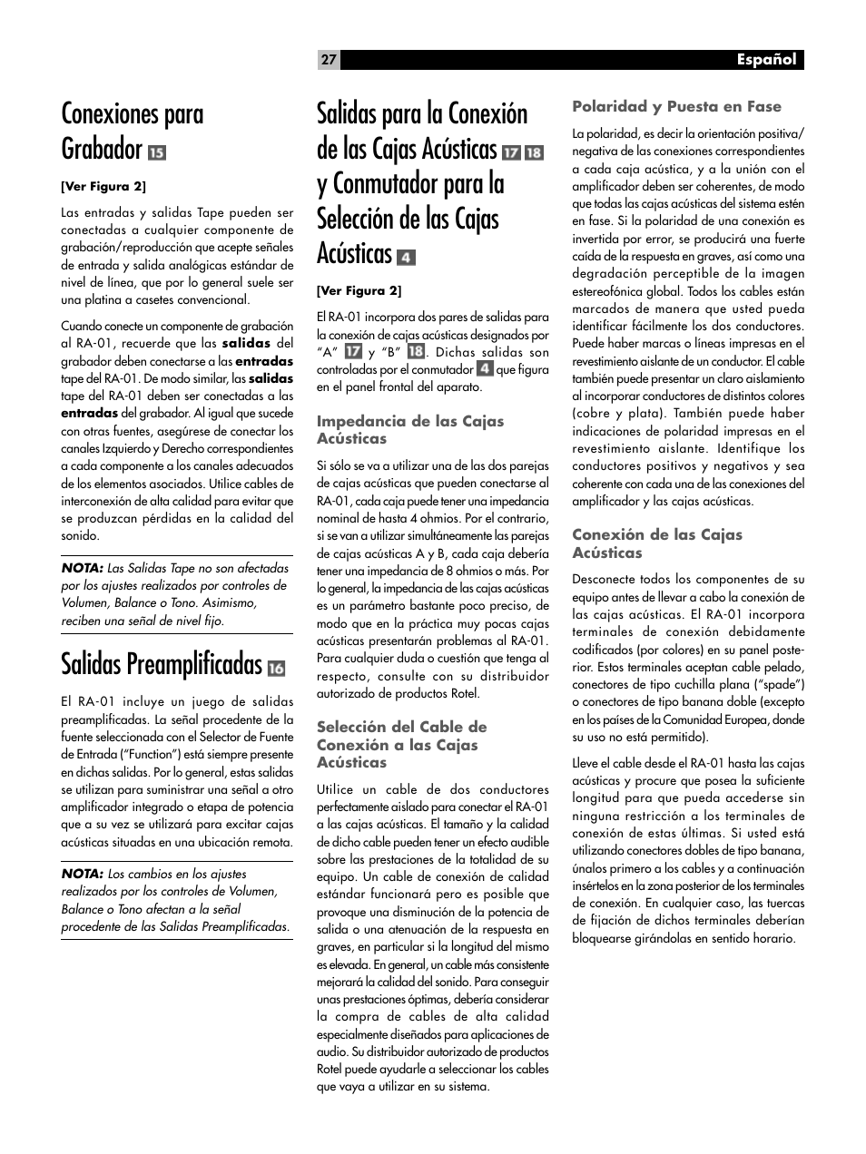 Conexiones para grabador, Salidas preamplificadas | ROTEL RA-01 User Manual | Page 27 / 42