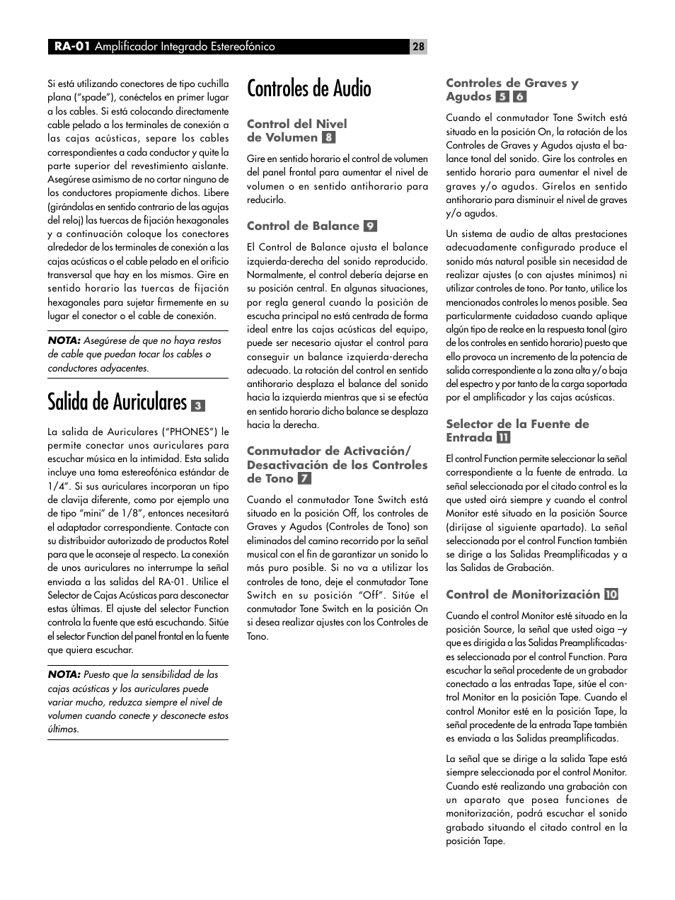 Salida de auriculares, Controles de audio | ROTEL RA-01 User Manual | Page 28 / 42