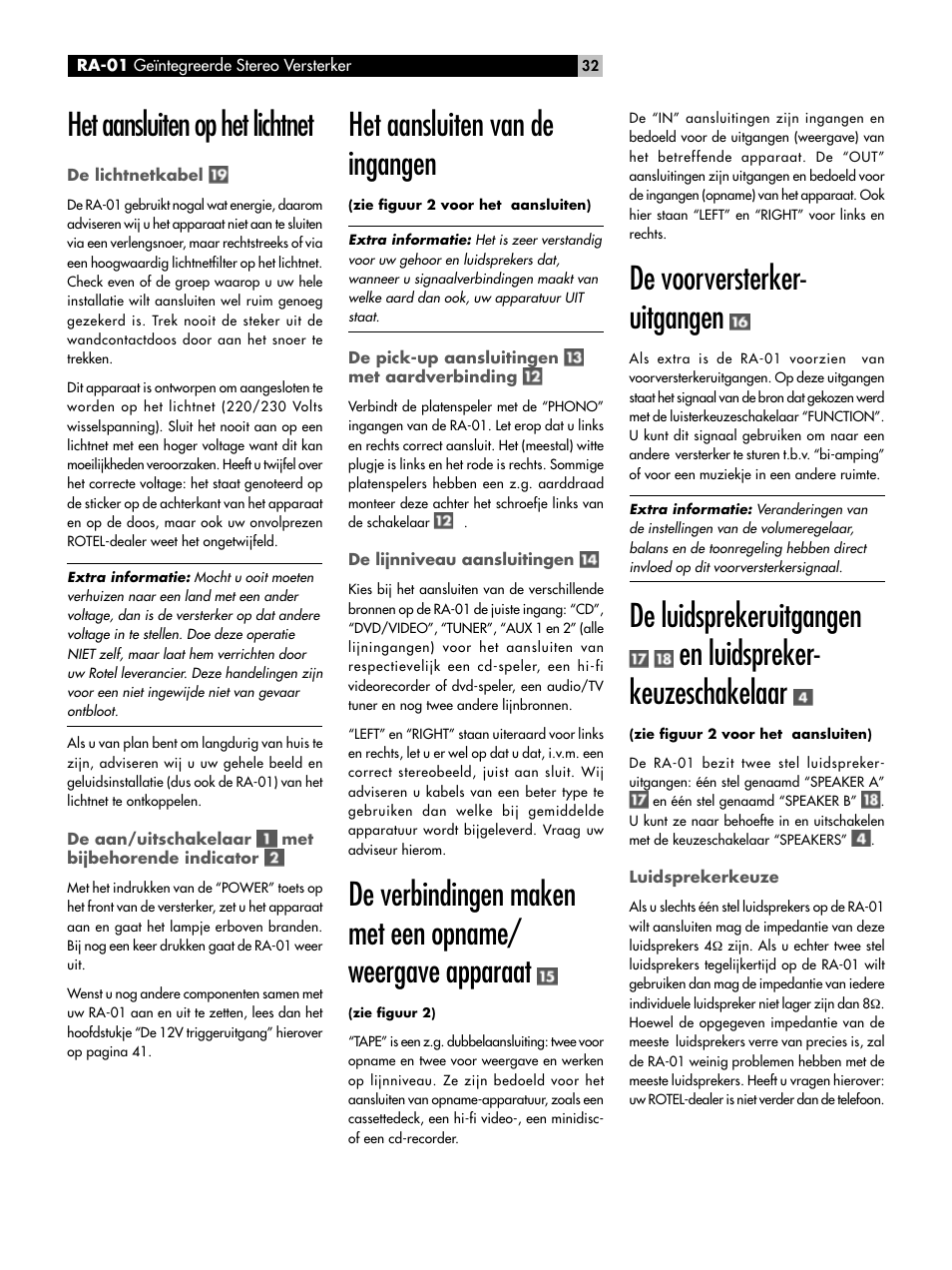 Het aansluiten op het lichtnet, Het aansluiten van de ingangen, De voorversterker- uitgangen | ROTEL RA-01 User Manual | Page 32 / 42