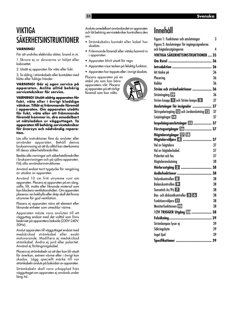 Viktiga säkerhetsinstruktioner, Innehåll | ROTEL RA-01 User Manual | Page 35 / 42