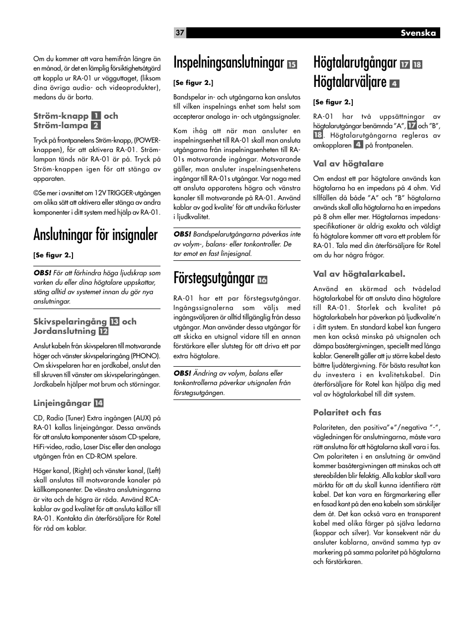 Anslutningar för insignaler, Inspelningsanslutningar, Förstegsutgångar | Högtalarutgångar högtalarväljare | ROTEL RA-01 User Manual | Page 37 / 42