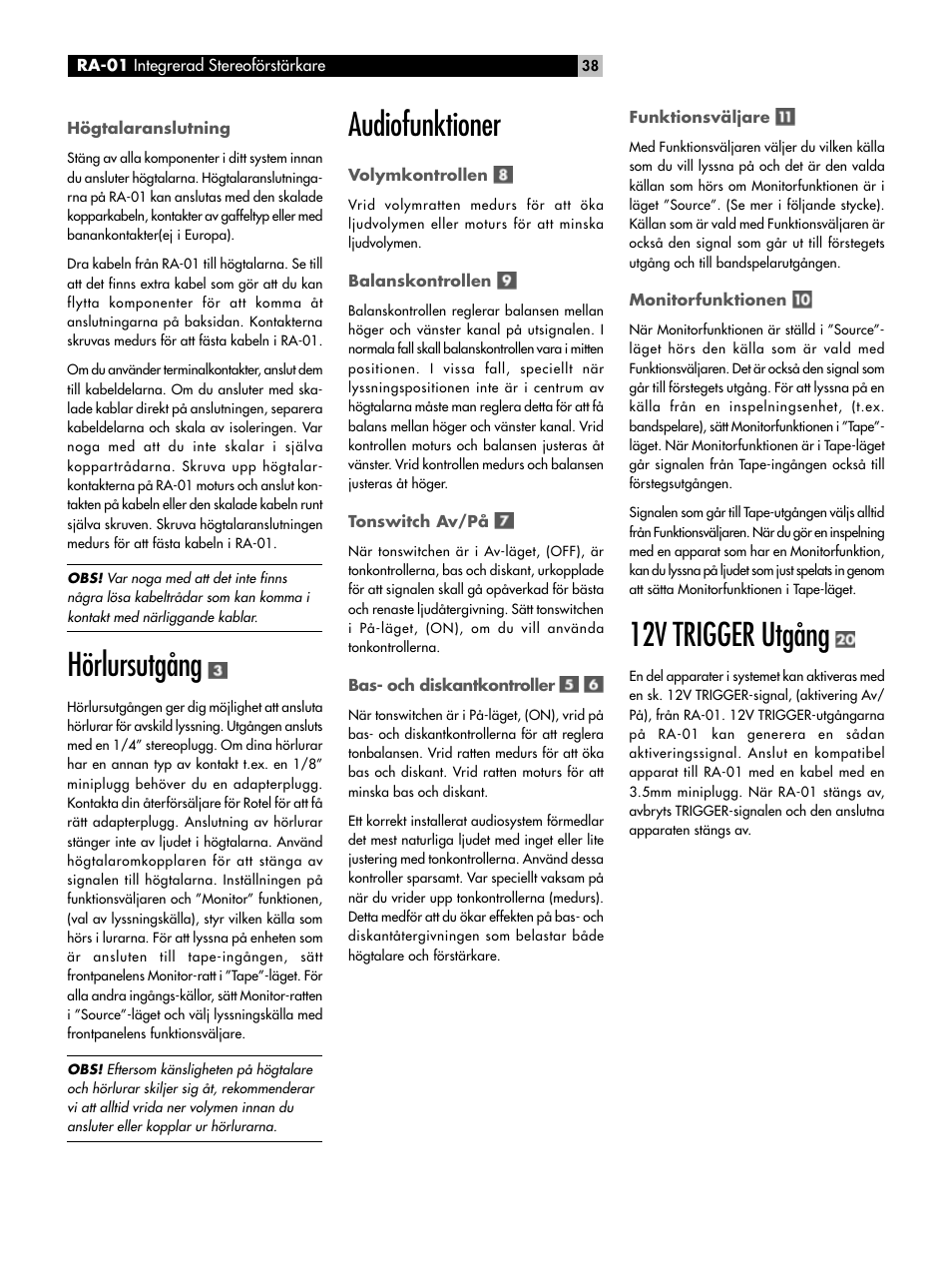 Hörlursutgång, Audiofunktioner, 12v trigger utgång | ROTEL RA-01 User Manual | Page 38 / 42