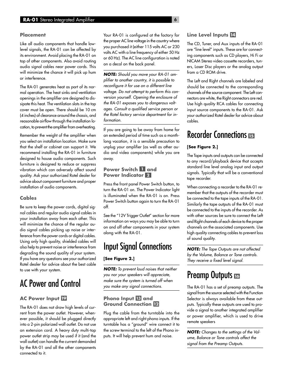 Ac power and control, Input signal connections, Recorder connections | Preamp outputs | ROTEL RA-01 User Manual | Page 6 / 42