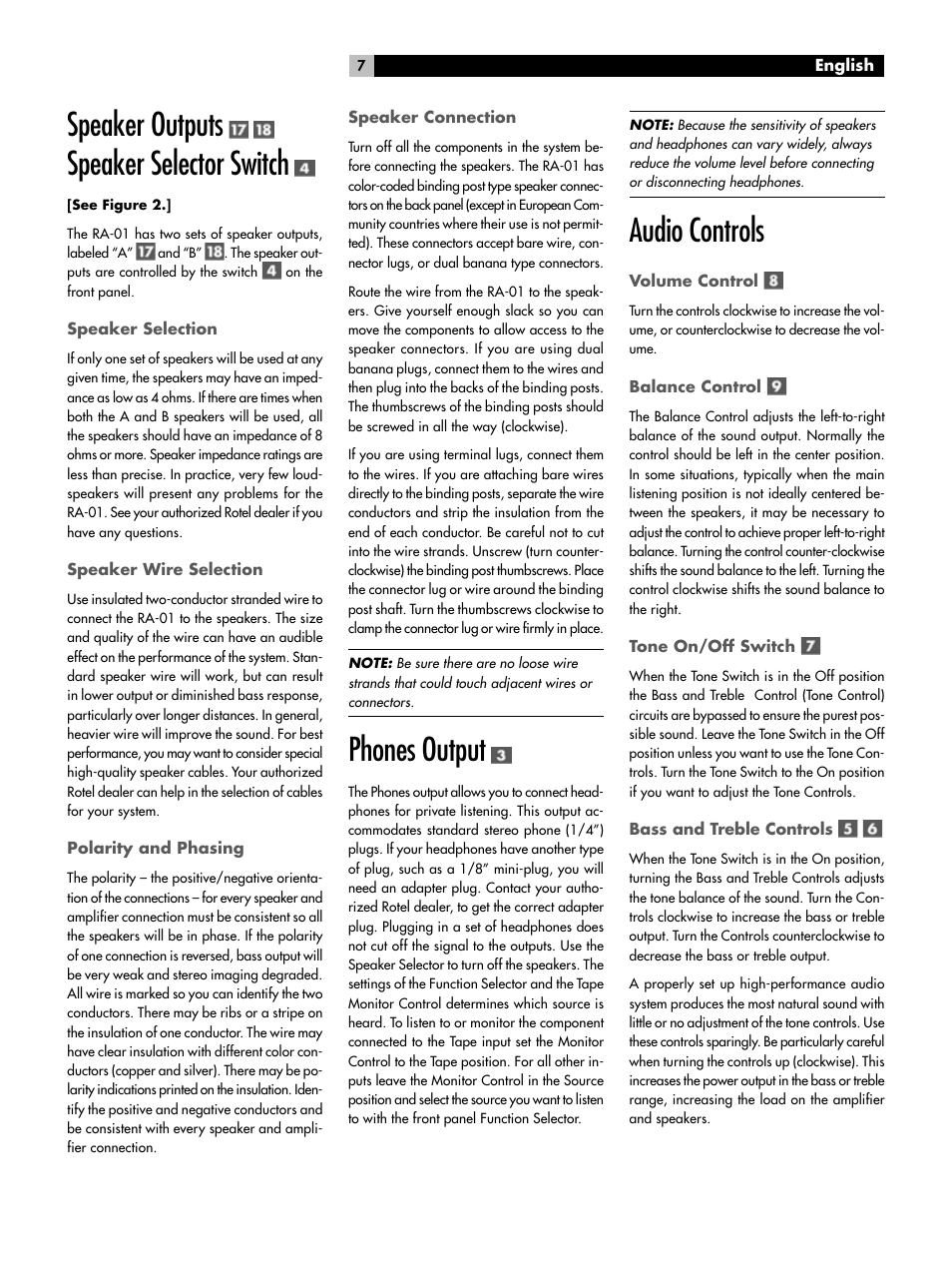 Speaker outputs speaker selector switch, Phones output, Audio controls | ROTEL RA-01 User Manual | Page 7 / 42