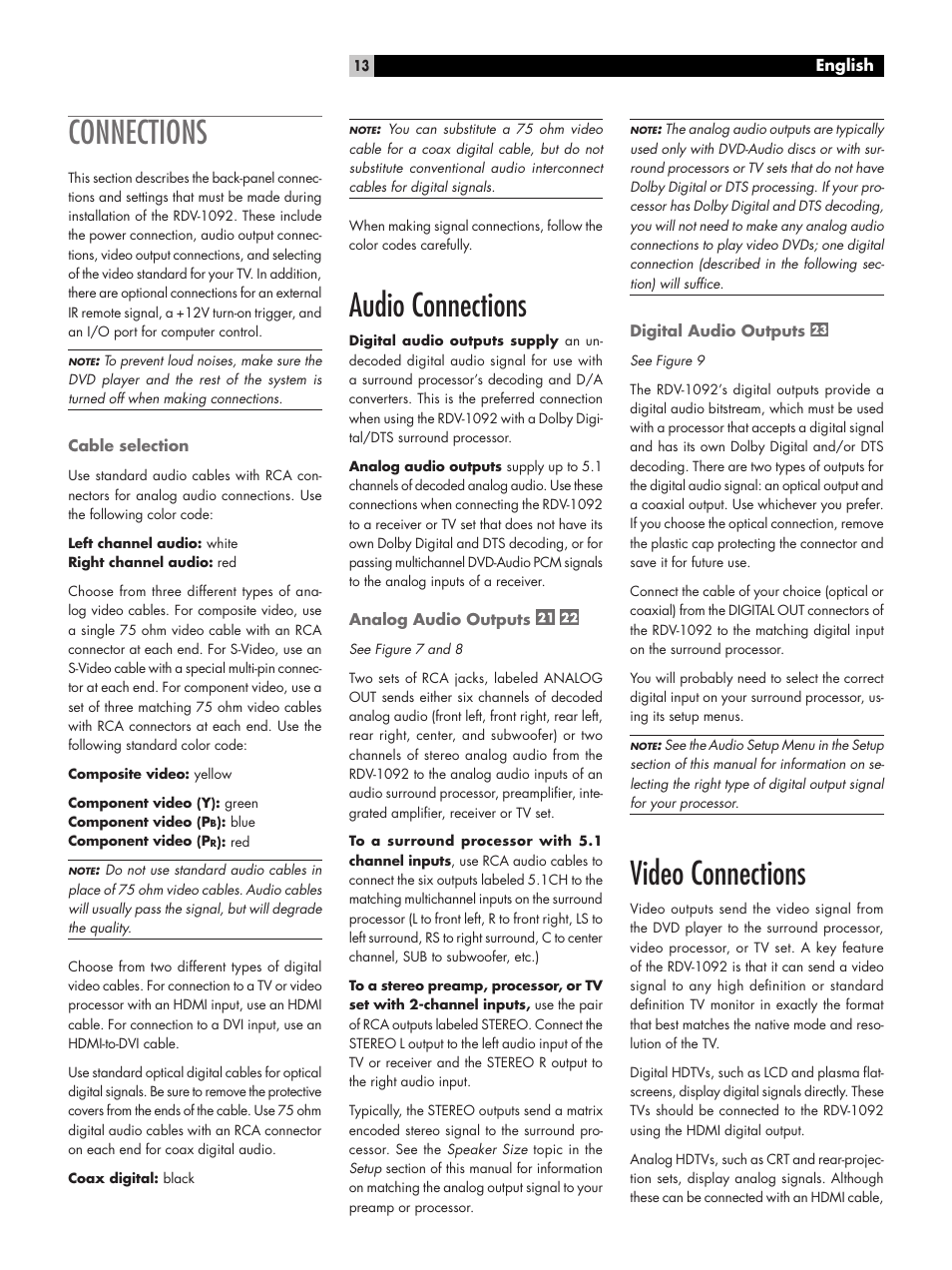 Connections, Audio connections, Video connections | ROTEL DVD Audio/Video Player RDV-1092 User Manual | Page 13 / 32