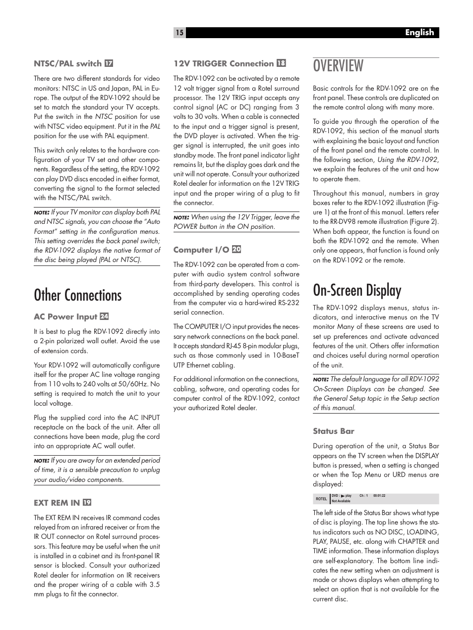 Other connections, Overview, On-screen display | ROTEL DVD Audio/Video Player RDV-1092 User Manual | Page 15 / 32