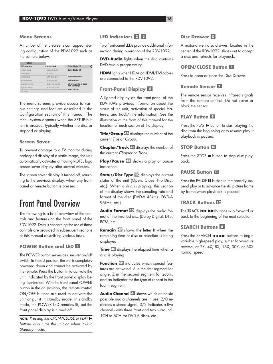 Front panel overview | ROTEL DVD Audio/Video Player RDV-1092 User Manual | Page 16 / 32