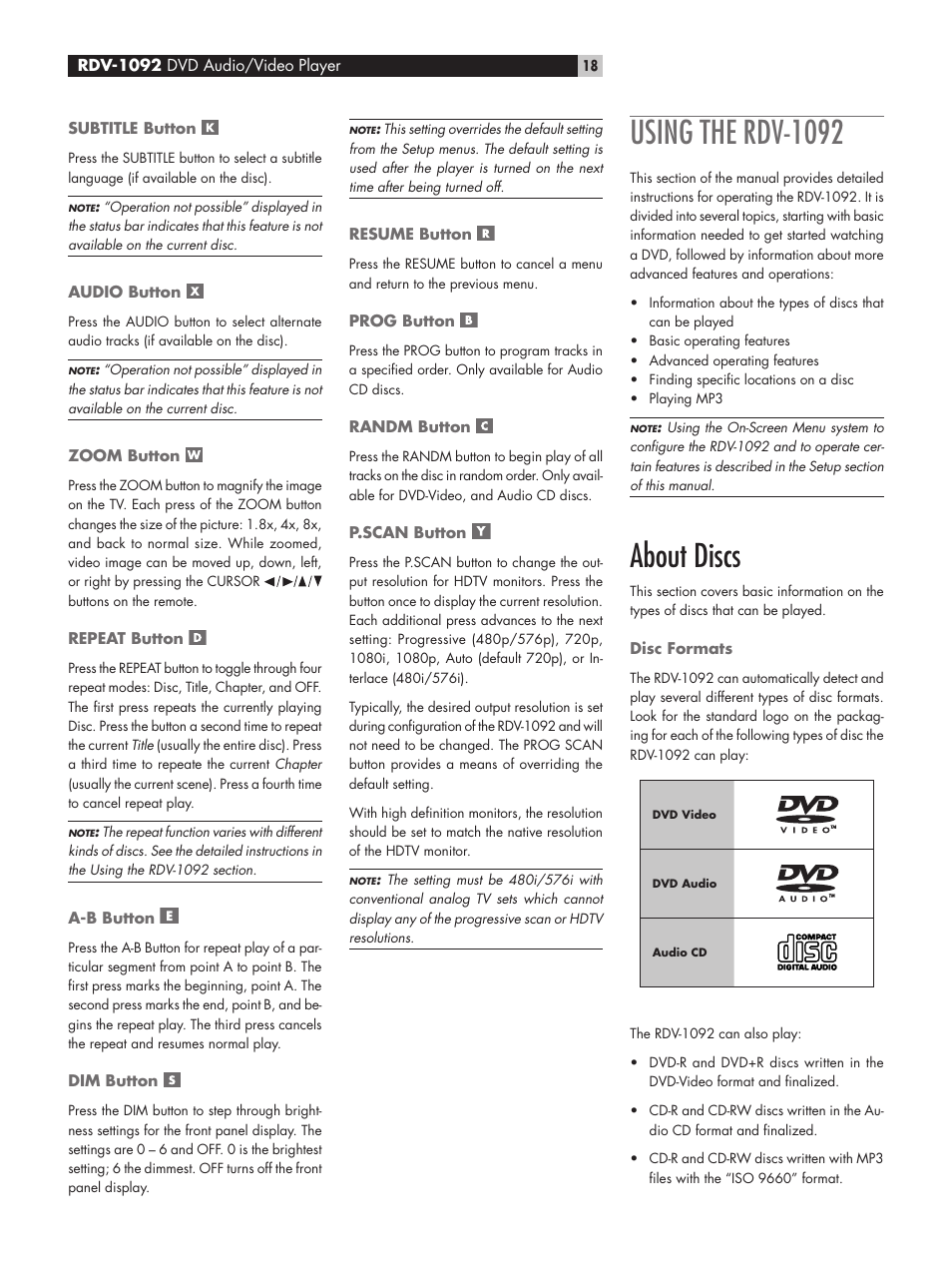 Using the rdv-1092, About discs | ROTEL DVD Audio/Video Player RDV-1092 User Manual | Page 18 / 32